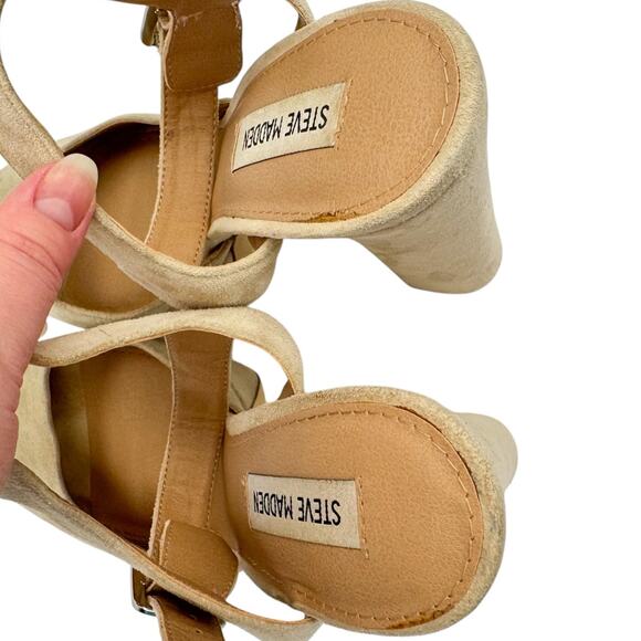 Steve Madden Jillyy Tan Suede Chuncky Extreme High Heel Platfrom Sandals Sz 10M - Picture 13 of 16